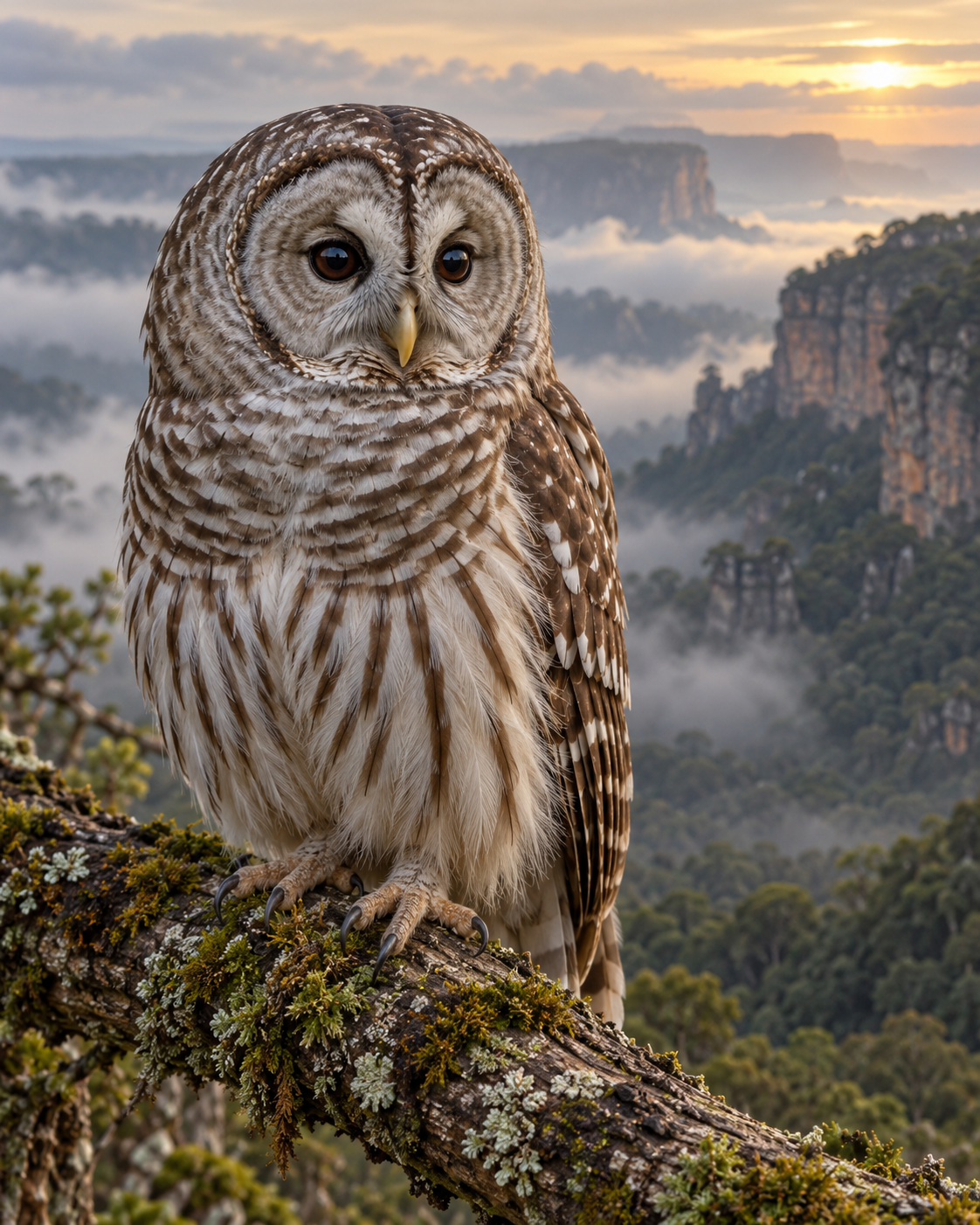 Lifelike barred owl with soft grey and brown feathers perched above a misty forest valley
